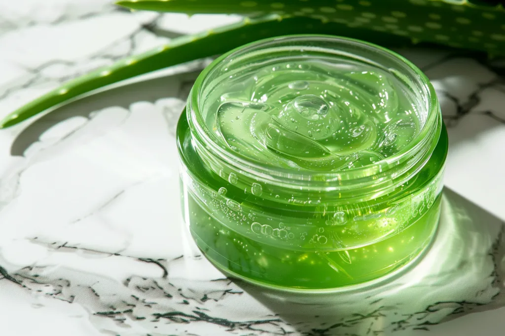 Aloe vera gel in a glass jar with fresh leaves on a marble table