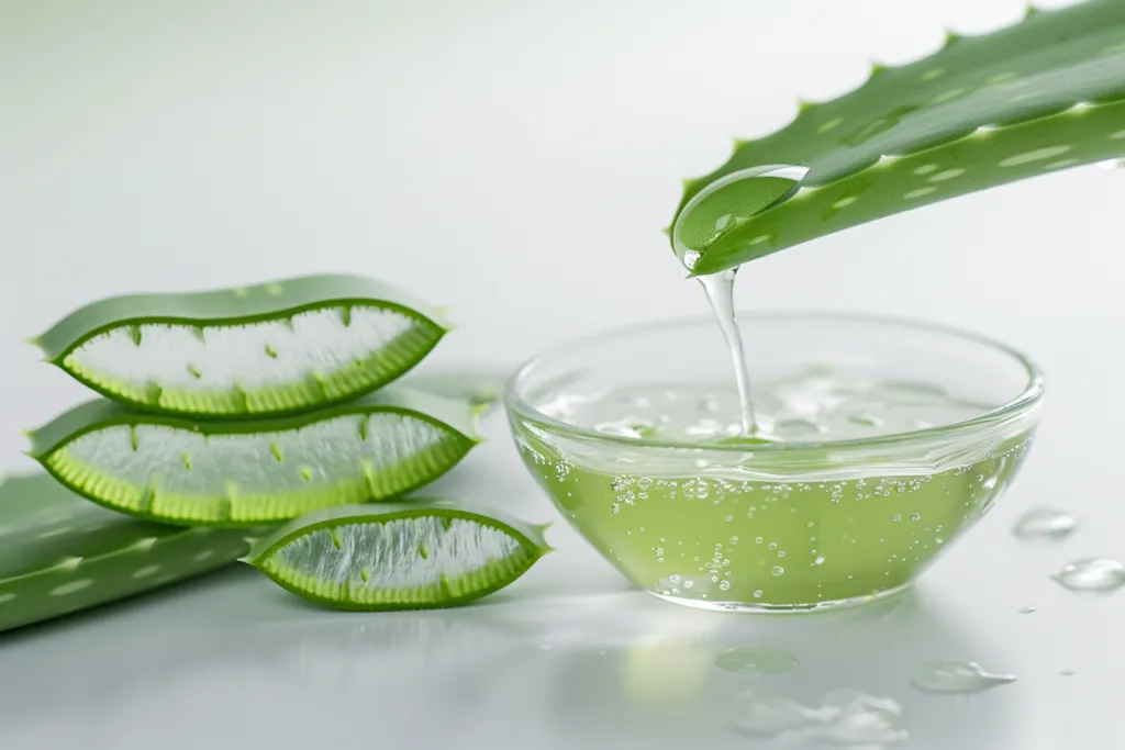 the glass bowl contains clear transparent liquid and pieces of fresh aloe