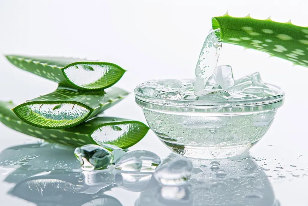 Aloe vera gel is being poured into two leaves of an A fitted white background