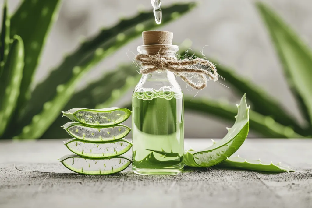 Aloe vera oil is being poured into an open glass bottle with twine wrapped around the neck