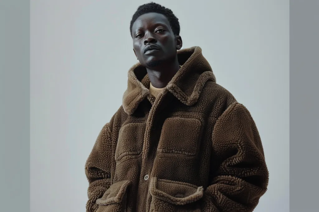 An African male model wears an oversized dark brown plush jacket