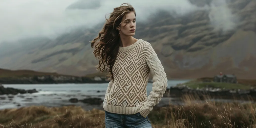 An Irish female model wearing an aran sweater with small geometric patterns