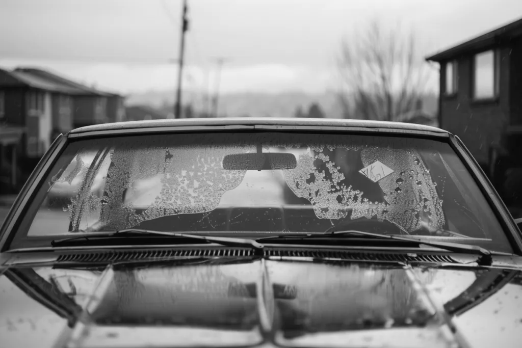 Black and white photo of an open car windshield window with the hood up