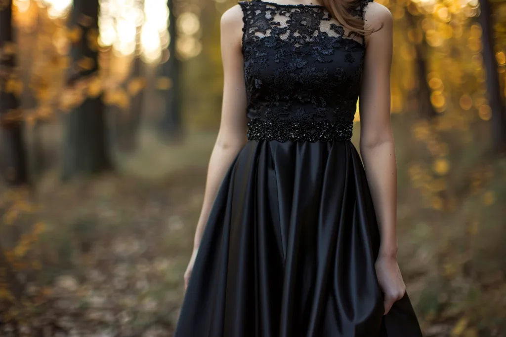 Black satin dress with lace and beading