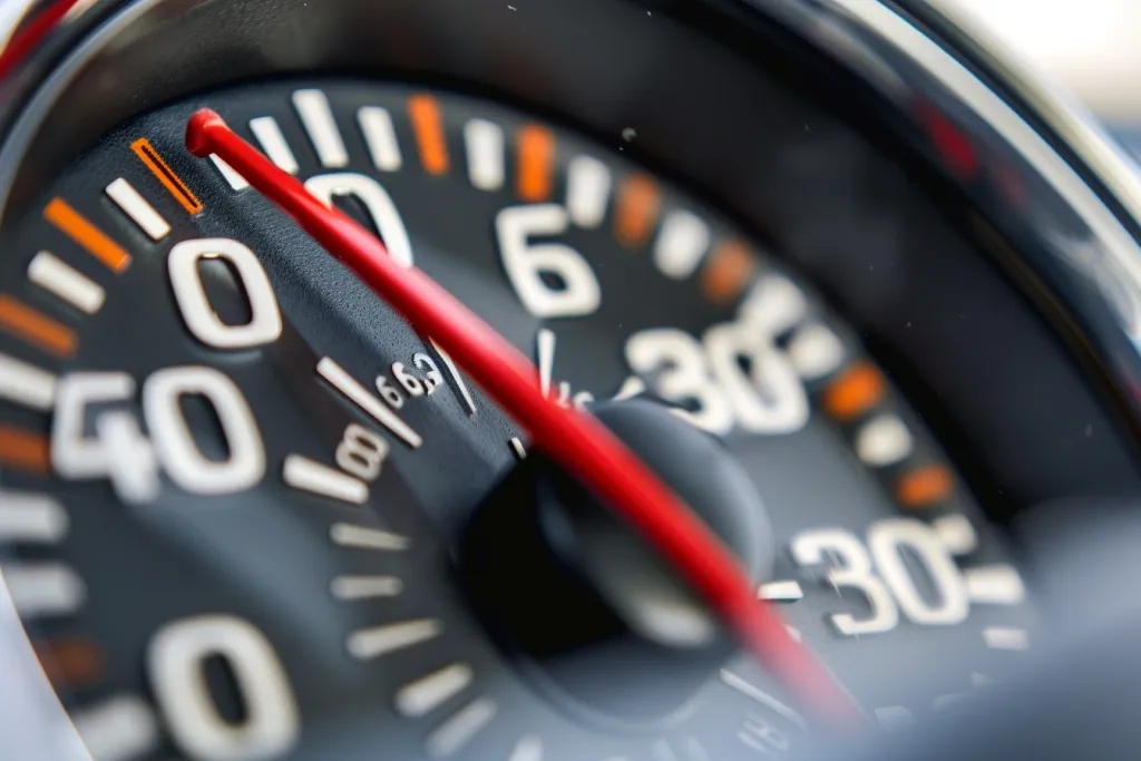 Close up of a speedometer with a red arrow