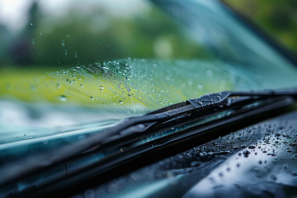 Closeup of the front windshield wiper on an empty car