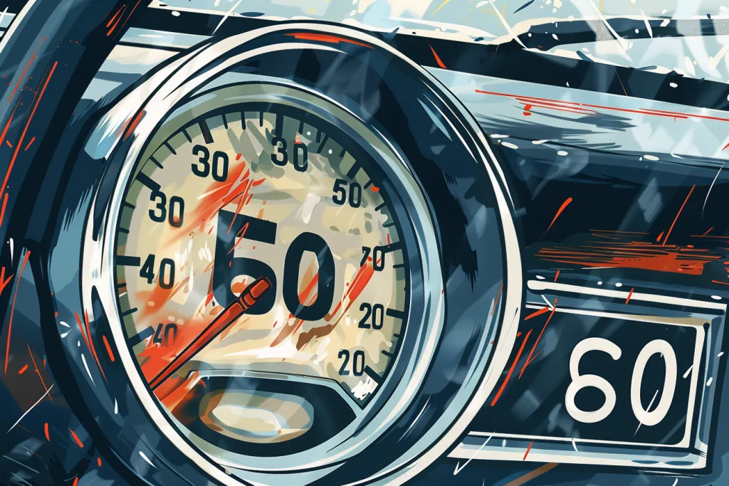 Illustration of a speedometer showing numbers with a road sign in the background
