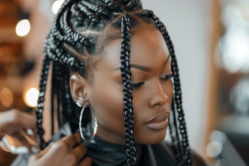 an African American woman with box braids in a side part