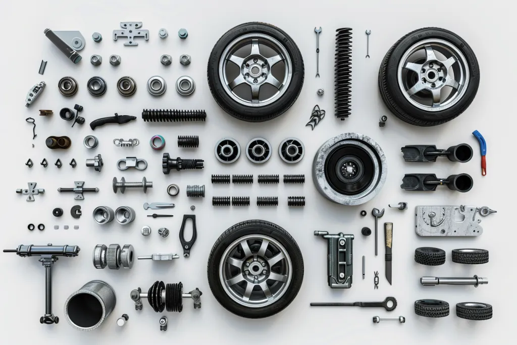 Photorealistic photo of various car parts