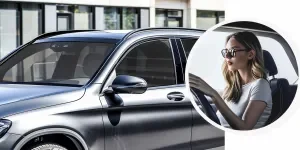 The black sun protection car window screen is designed to cover the front door of an SUV