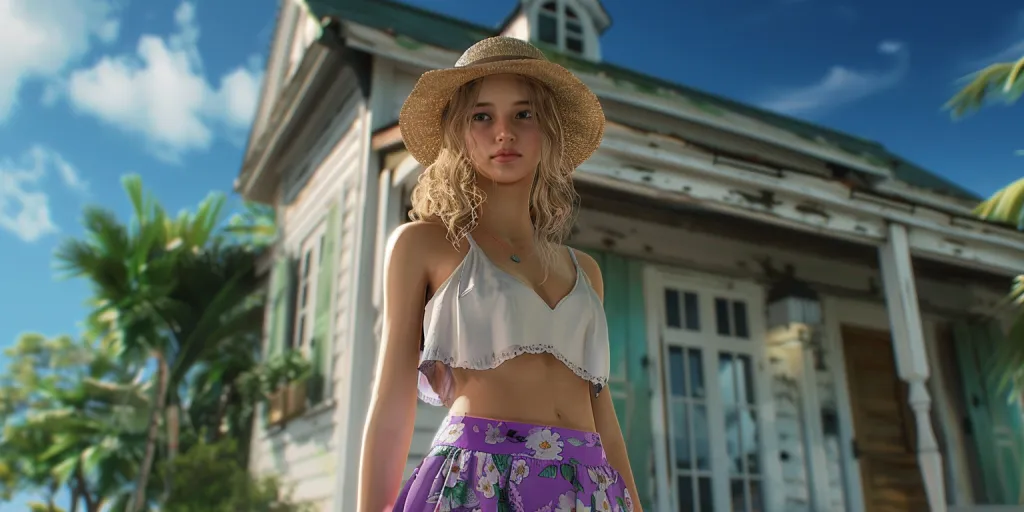 The purple floral skirt is paired with the white short sleeve top