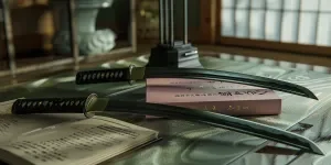 Two black and green zombie knives with curved blades on a desk