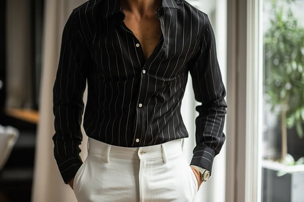 a black shirt with thin stripes, long sleeves and white pants for men