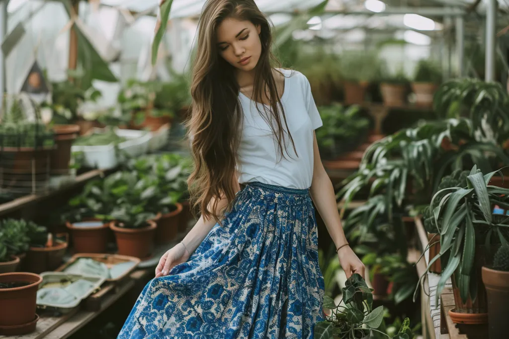 a full body photo of an attractive woman wearing blue and white floral patterned long skirt
