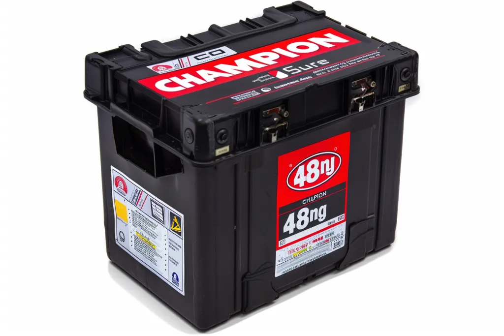 car battery is shown in black with red and white letters