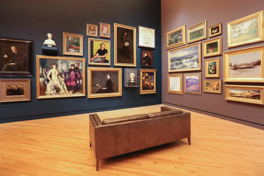 An artistic wall gallery in front of a sofa