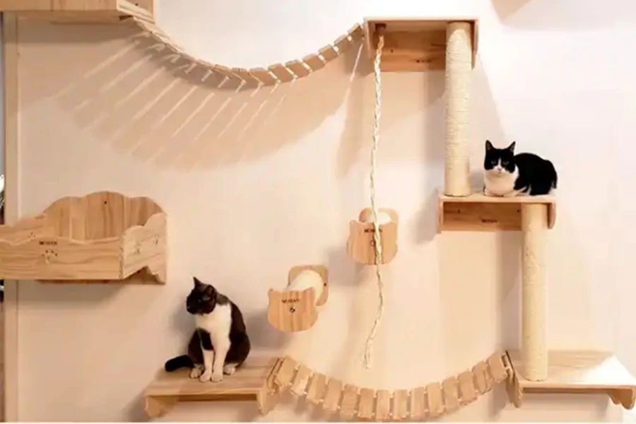 Cat wall tree with shelves, posts, and ladders