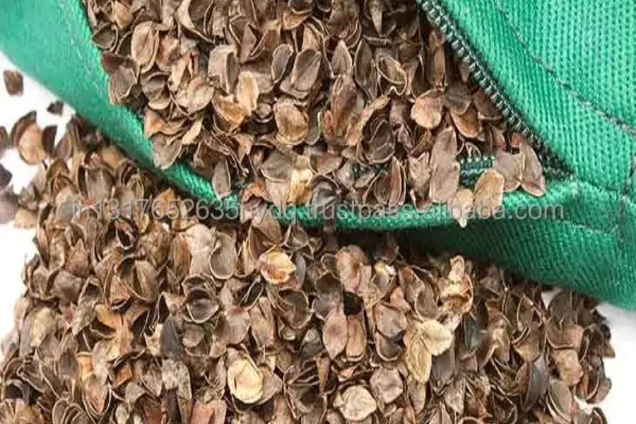 Close-up image of buckwheat hulls in zippered pillow casing