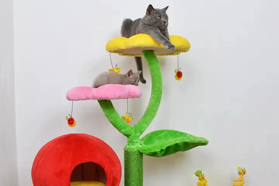 Colorful cat tree with sleep platforms and scratch post