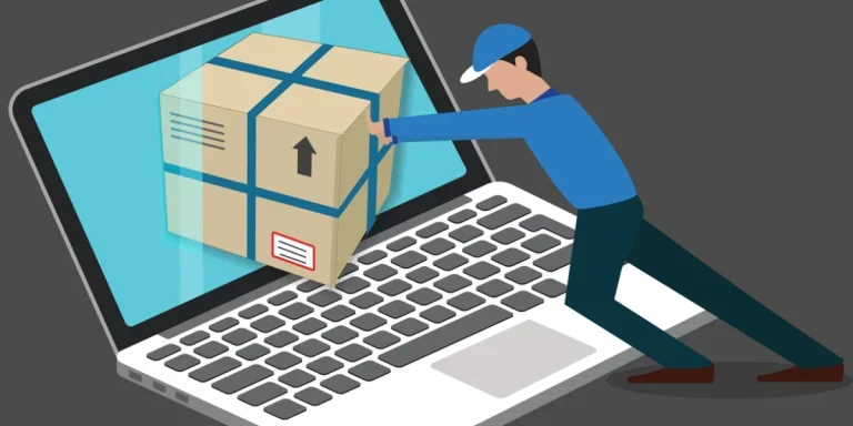 Digital character pushing a package into a computer screen