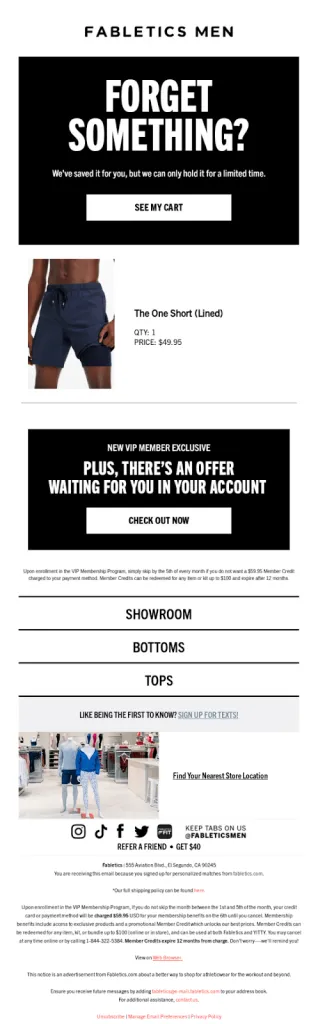 Fabletics’ cart abandonment email