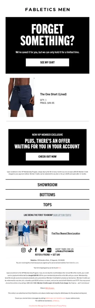 E-mail d'abandon de panier de Fabletics