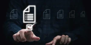 Businessman using tablet and touching on document icon for approve and online document concept