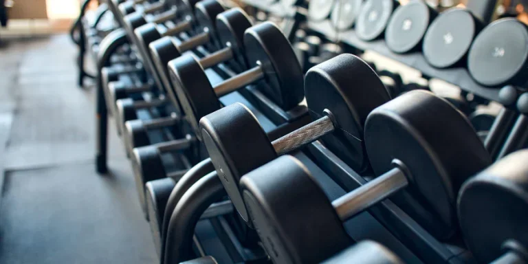 Dumbbells of different weights on a shelf