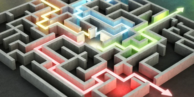 Four different colored glowing lines and arrows showing different ways out of the complex maze.
