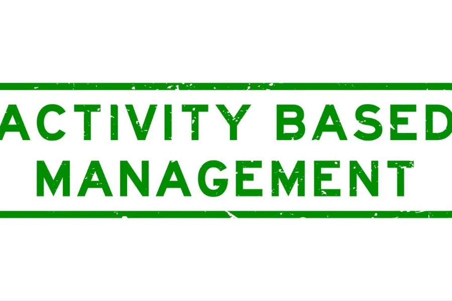 Grunge green ABM Activity Based Management word square rubber seal stamp on white background