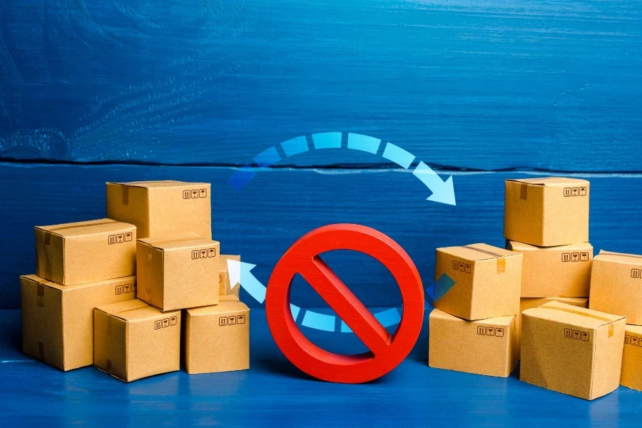 Arrows between boxes and prohibition symbol NO