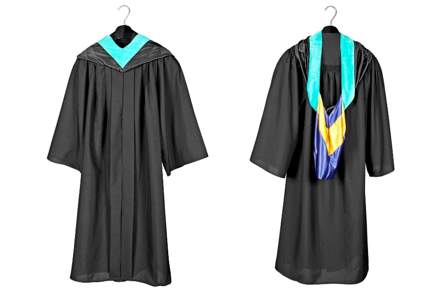 A front and rear view of a graduation gown with purple and blue hood indicating graduation with distinction and honors