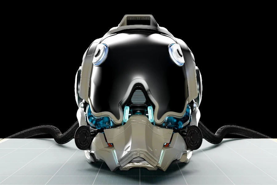 Cabeça de robô ou capacete de ficção científica