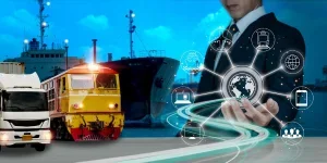 A businessman uses his hands on a logistic network distribution