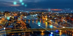 Modern cityscape and communication network.