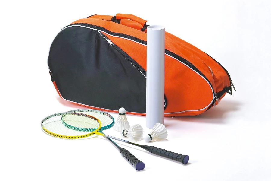 Set of badminton kit bag with rackets and shuttlecock