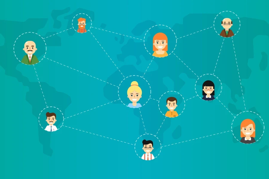 Social media network banner with connected round people icons