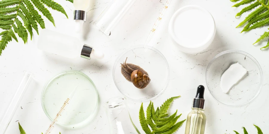 Snail mucin products at white background