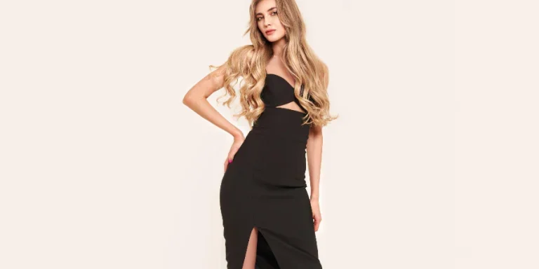 Portrait of gorgeous elegant sensual blonde woman wearing fashion black dress