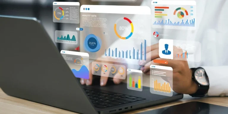An analyst uses a computer and dashboard for data business analysis and Data Management System