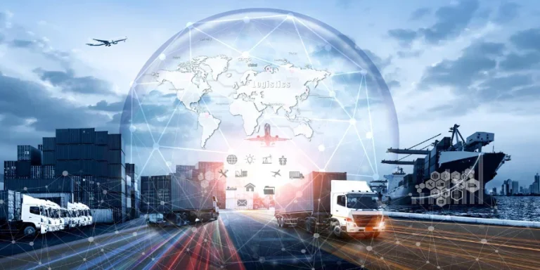 World map with logistic network distribution on background.