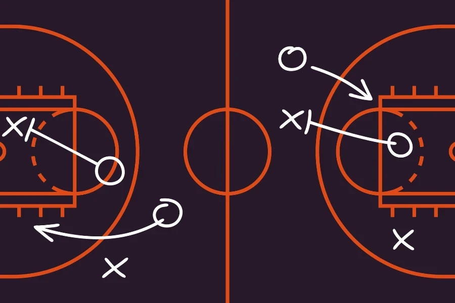 Basketball game plan planning court diagram background.