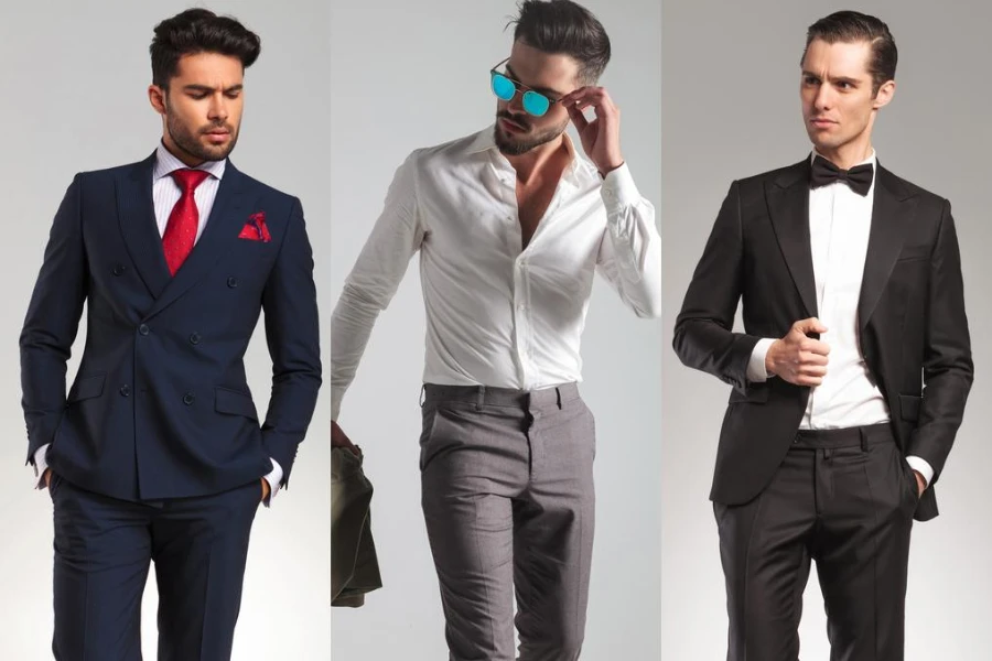 3 different elegant young men on grey studio background
