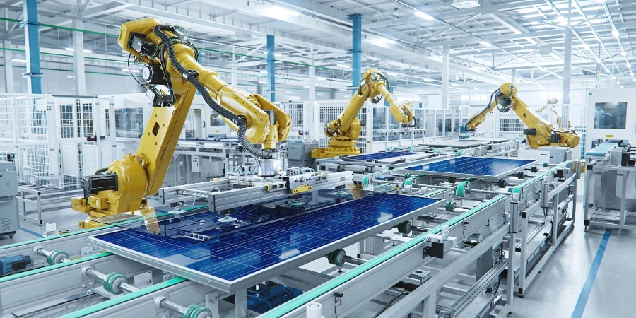 Grande ligne de production avec bras de robots industriels dans une usine moderne et lumineuse.