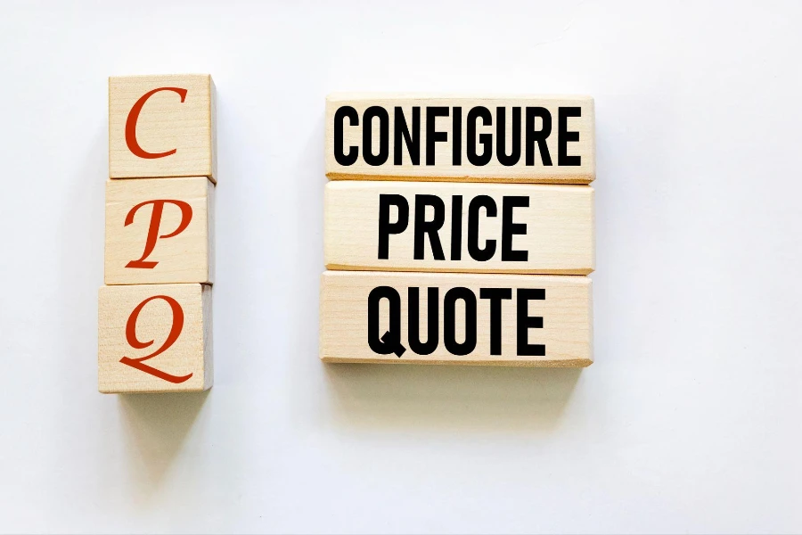 Wooden blocks and cubes with text CPQ Configure Price Quote on white background
