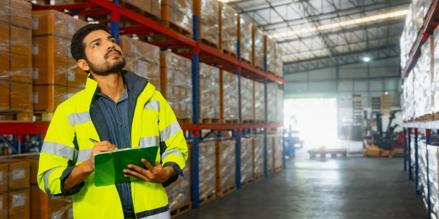 Workers checking goods stock on shelf in warehouse inventory using digital tablet.