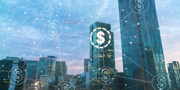 Aerial view of money transfer icon over cityscape