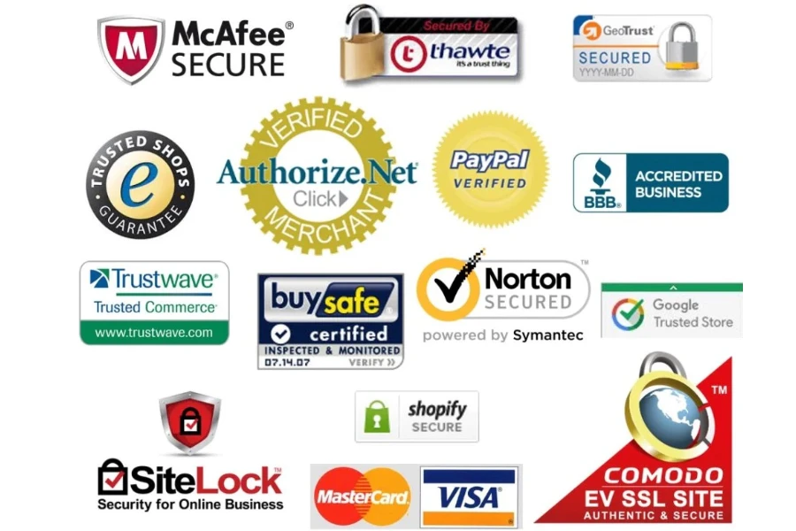 Imágenes de varios sellos de seguridad de protección contra fraudes en línea.