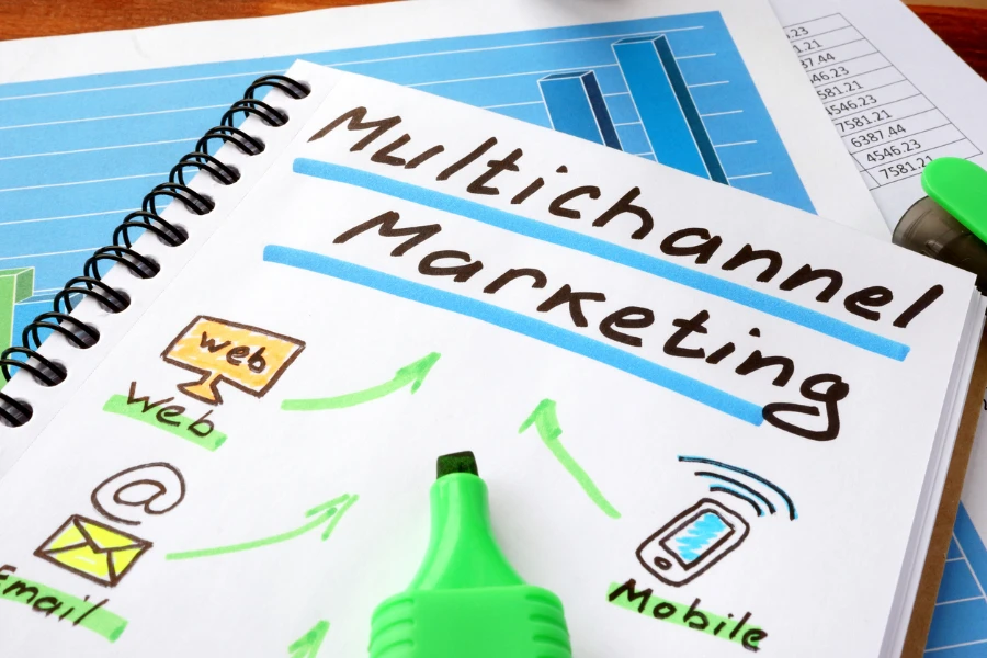 Marketing multicanal escrito en un cuaderno y un marcador.