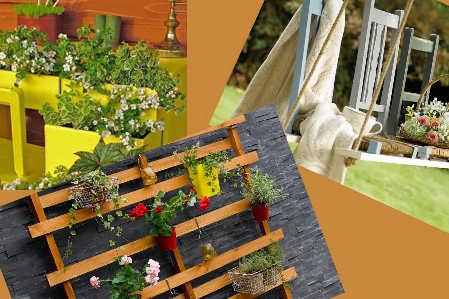 old furniture upcycled into planters, vertical gardens, and swings